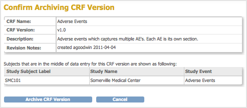Confirm Archiving CRF Version