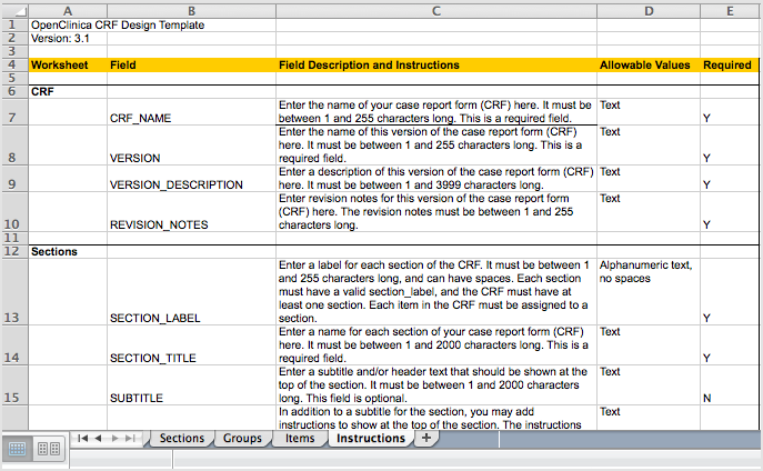 Defined CRF when opened in Excel, showing the Instructions tab
