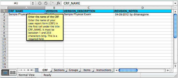Defined CRF showing pop-up instructions