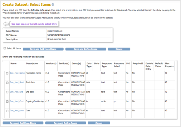 Create Dataset: Select Items in Concomitant Medications CRF
