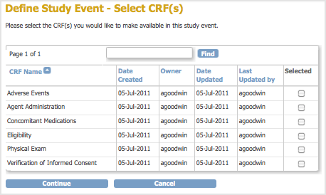Define Study Event - Select CRFs
