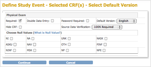 Define Study Event - Selected CRFs - Select Default Version page