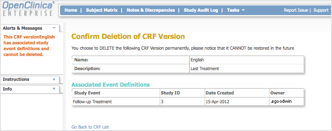 Delete CRF Version - Prevented