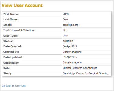 View User Account from Study Setup: Site Level