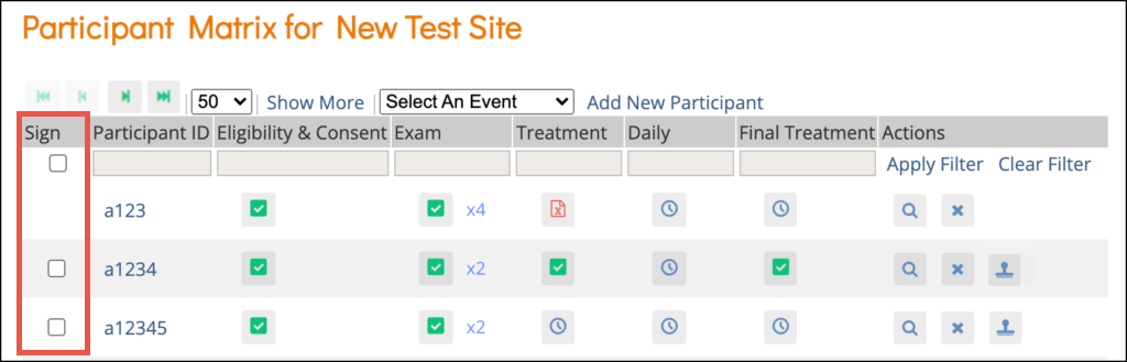 Participant Matrix with Sign Column highlighted showing the checkboxes to sign in bulk